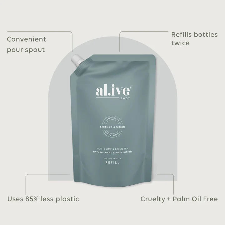 al.ive body Hand &amp; Body Lotion Refill Pouch - Kaffir Lime &amp; Green Tea 1L
