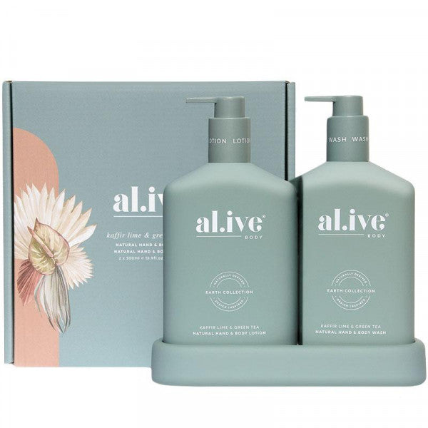 al.ive body Wash & Lotion Duo + Tray - Kaffir Lime & Green Tea